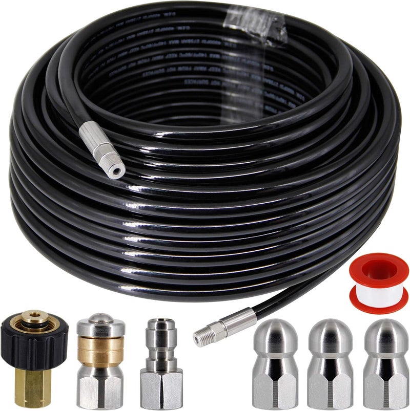 Twinkle Star Sewer Jetter Kit for Pressure Washer -100 ft Hose, 1/4 Inch NPT, Drain Cleaning Hose, Button Nose & Rotating Sewer Jetting Nozzle, Orifice 4.0, 4.5, 5.5, 5800 PSI - Image 1